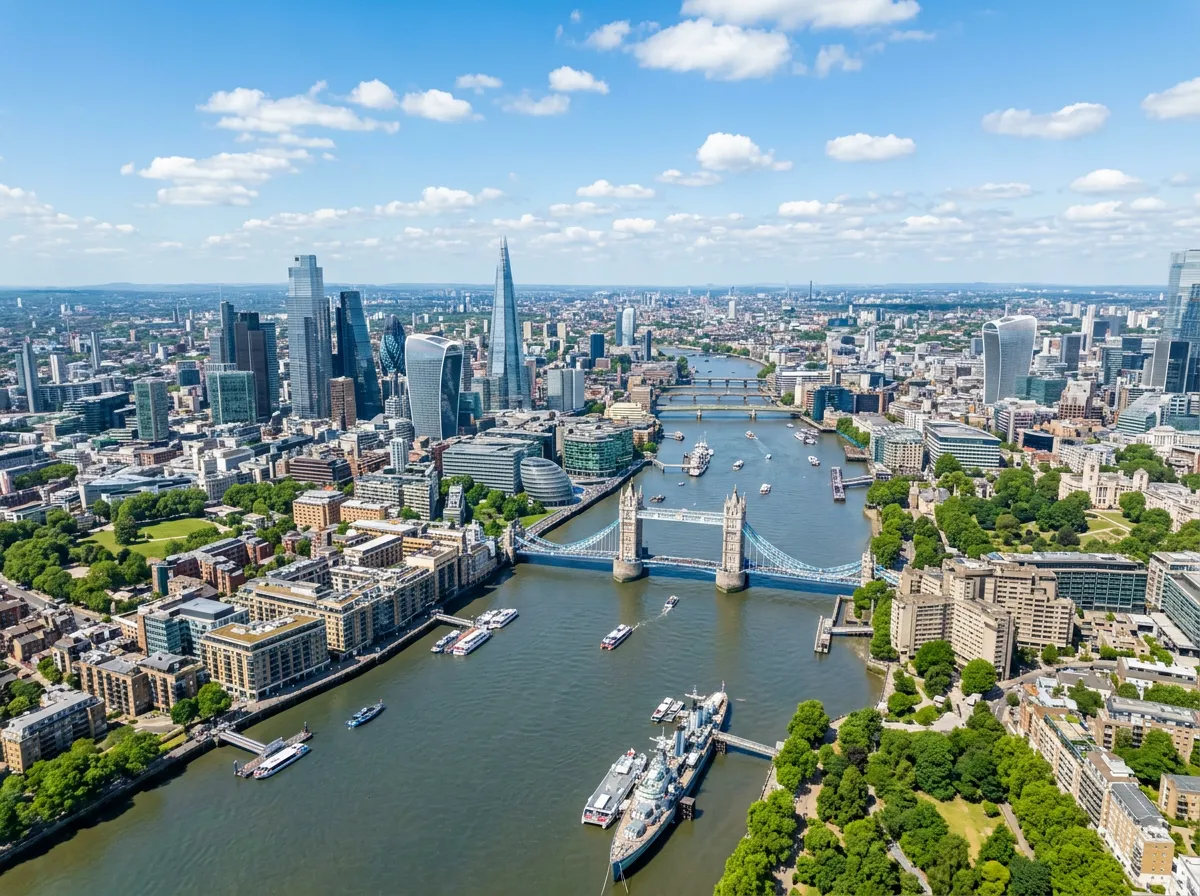 Aerial view of a city skyline with a river, bridge, and surrounding greenery under a bright sky