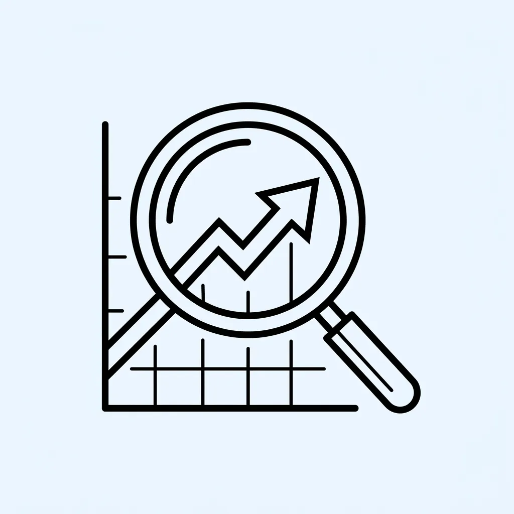 Line icon of an upward trending graph and magnifying glass for Strategy