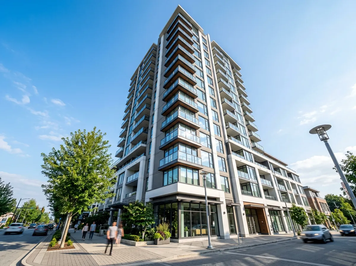 Low angle view of a modern multi-story apartment building