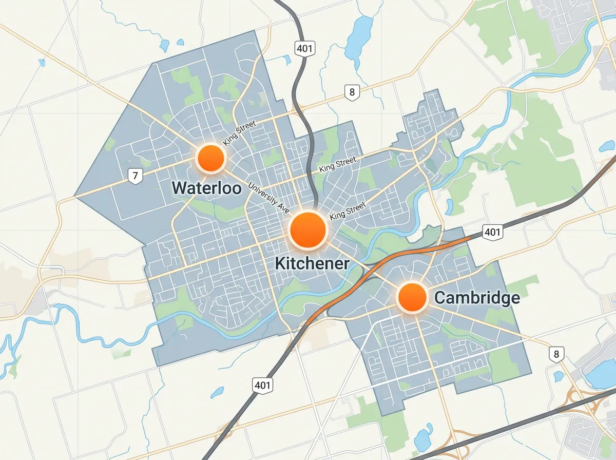 Map graphic indicating Kitchener, Waterloo, and Cambridge with orange dots