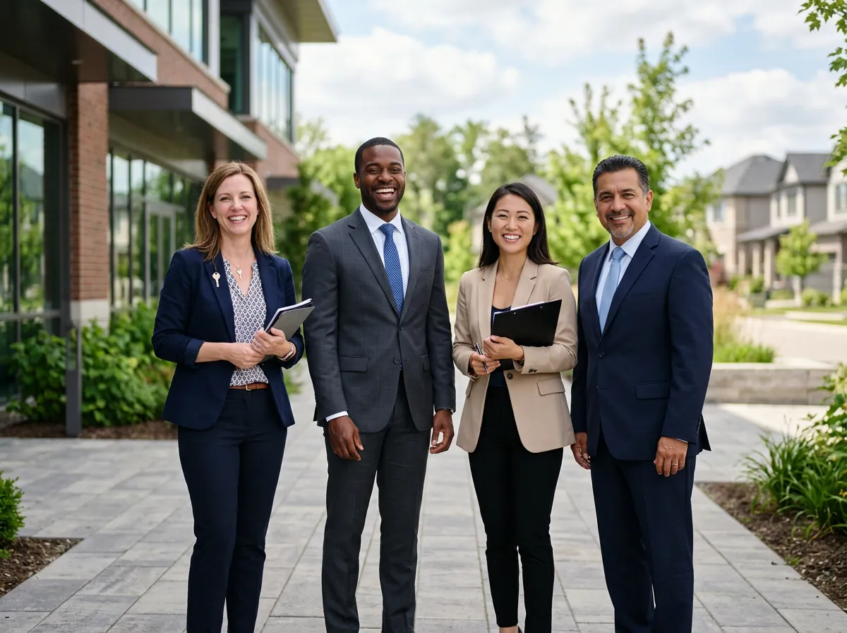 Professional portrait of four real estate agents standing together outdoors, smiling
