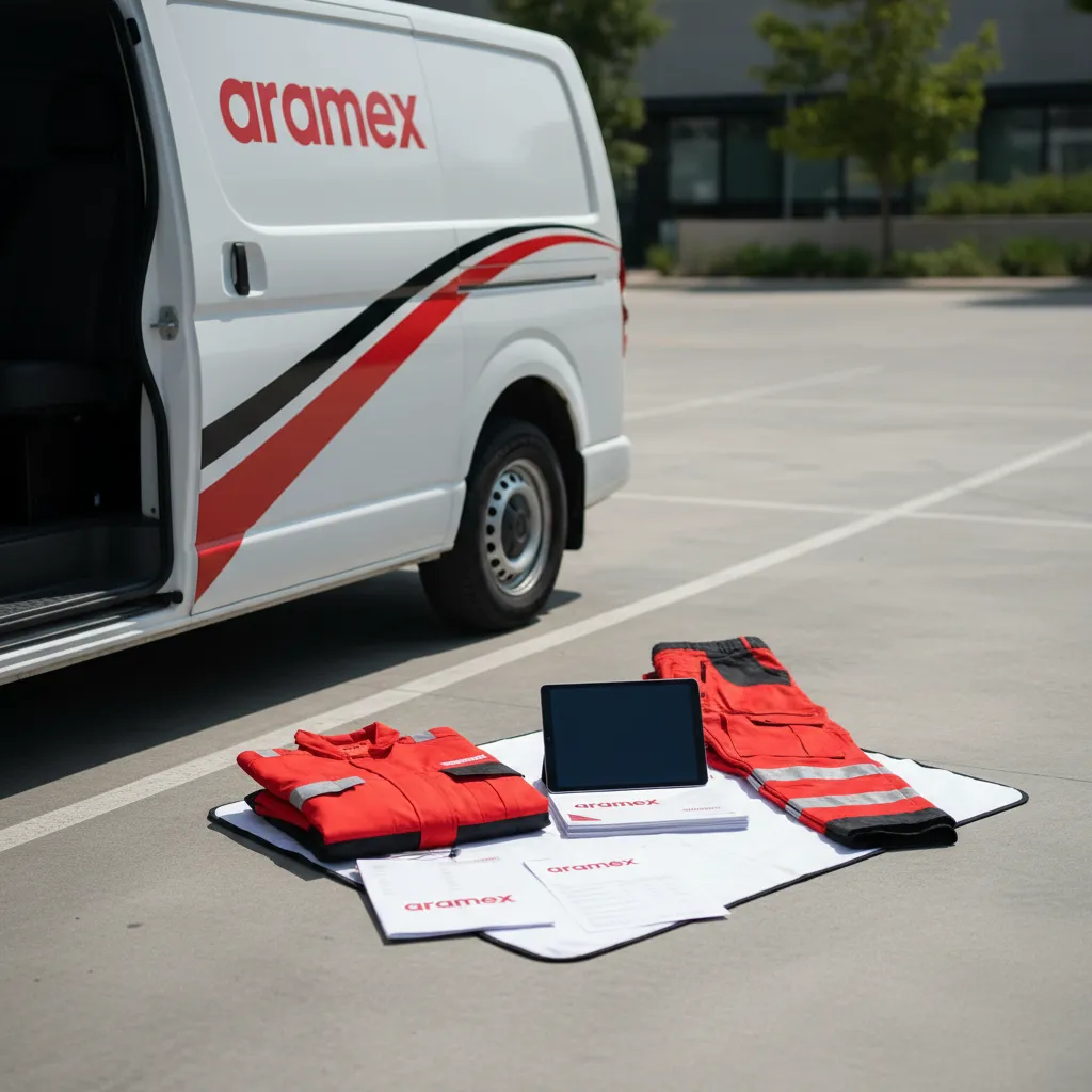 Photo of a branded Aramex delivery van, uniforms, and business materials arranged together, representing the inclusions in the sale.