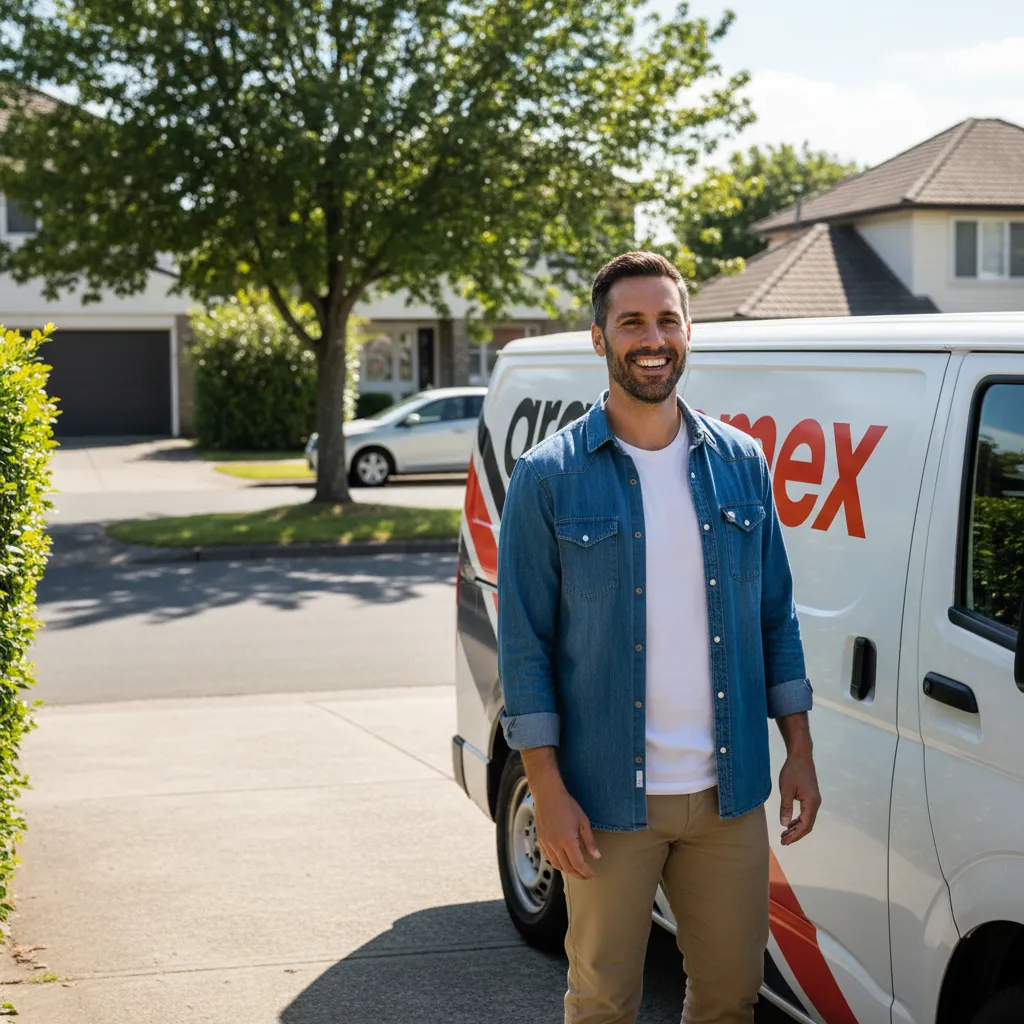Photo of a smiling, casually dressed business owner standing beside a delivery van, representing the ideal buyer profile for the courier business.