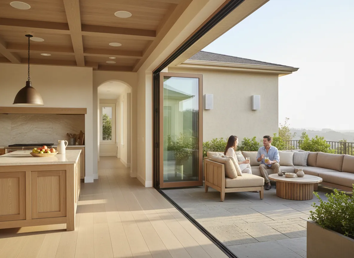 Kitchen and patio with whole-home audio speakers