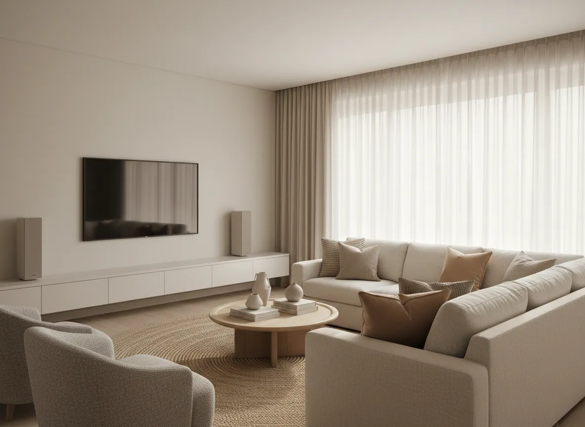 Living room with hidden speakers and wall-mounted TV