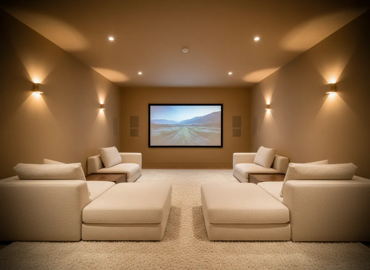 Cozy home theater with warm lighting and wall-mounted screen