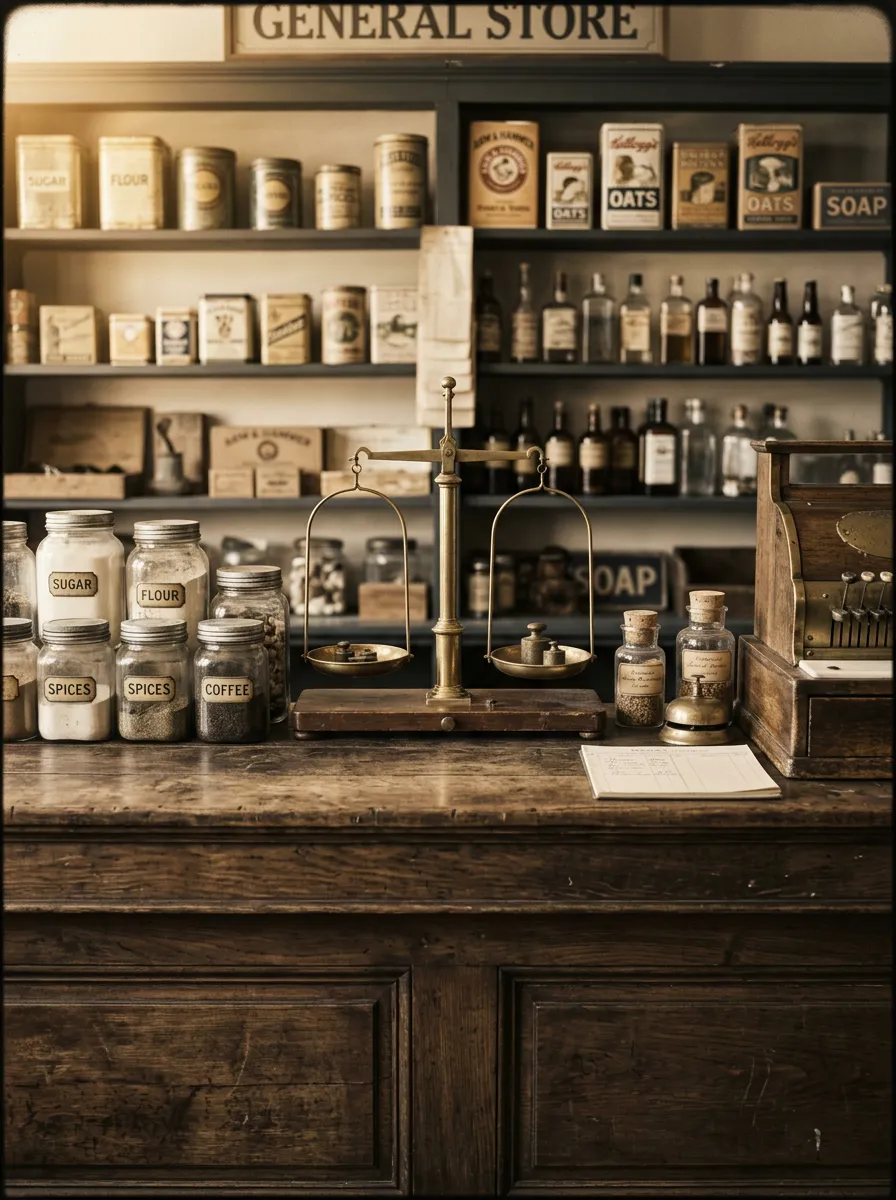 Sepia archival photograph of the Groce's Stop general store wooden service counter and brass scales, 1923