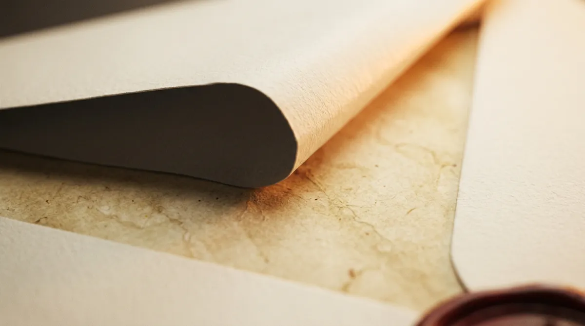 Warm aged parchment texture emerging from dark vintage envelope shadows