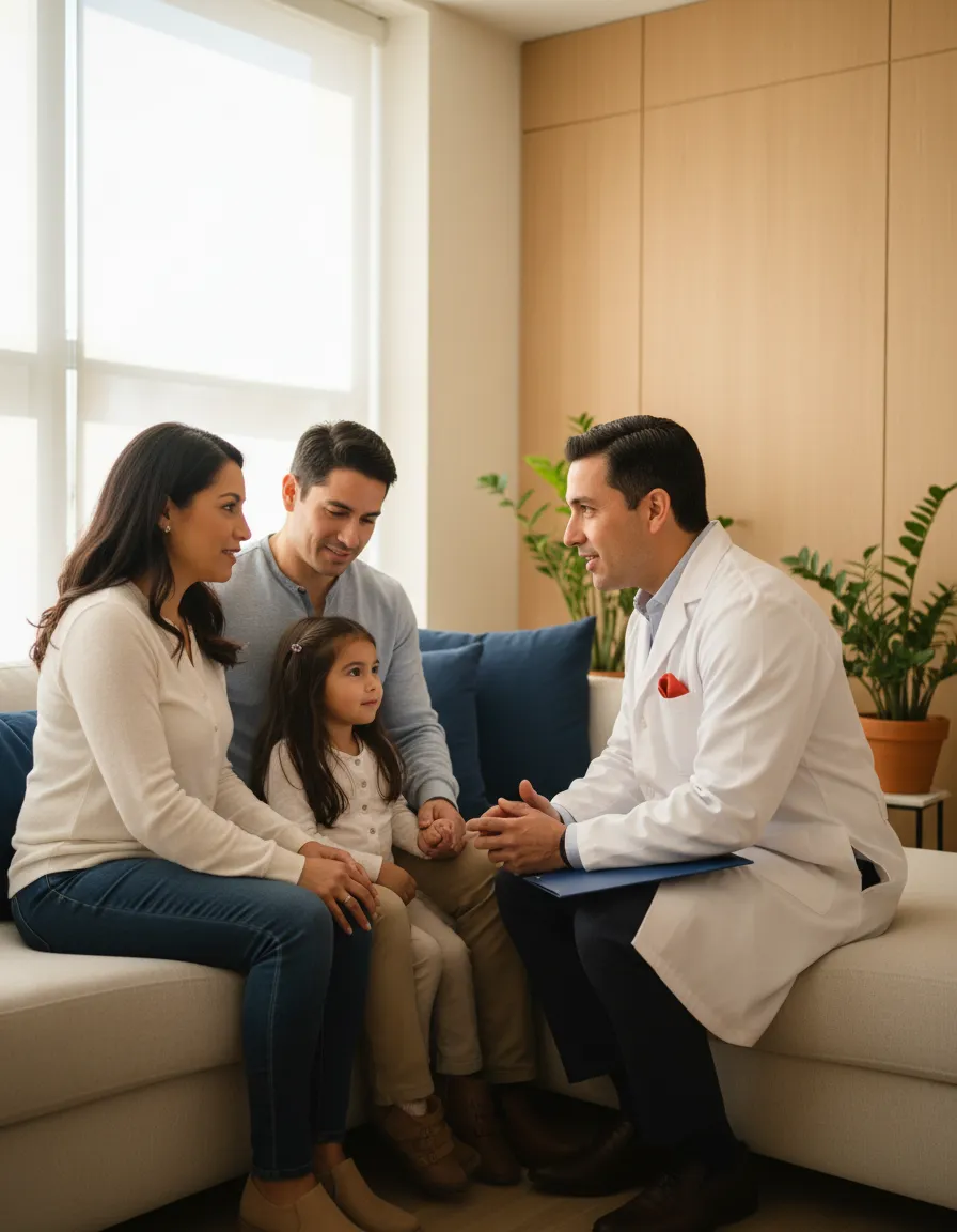 Profesional médico hablando con una familia hispana