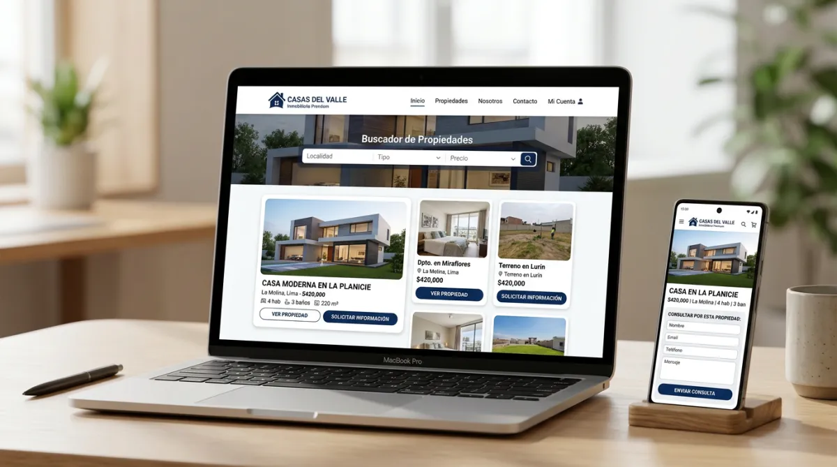 Ejemplo de sitio web inmobiliario profesional adaptado a computadora y celular