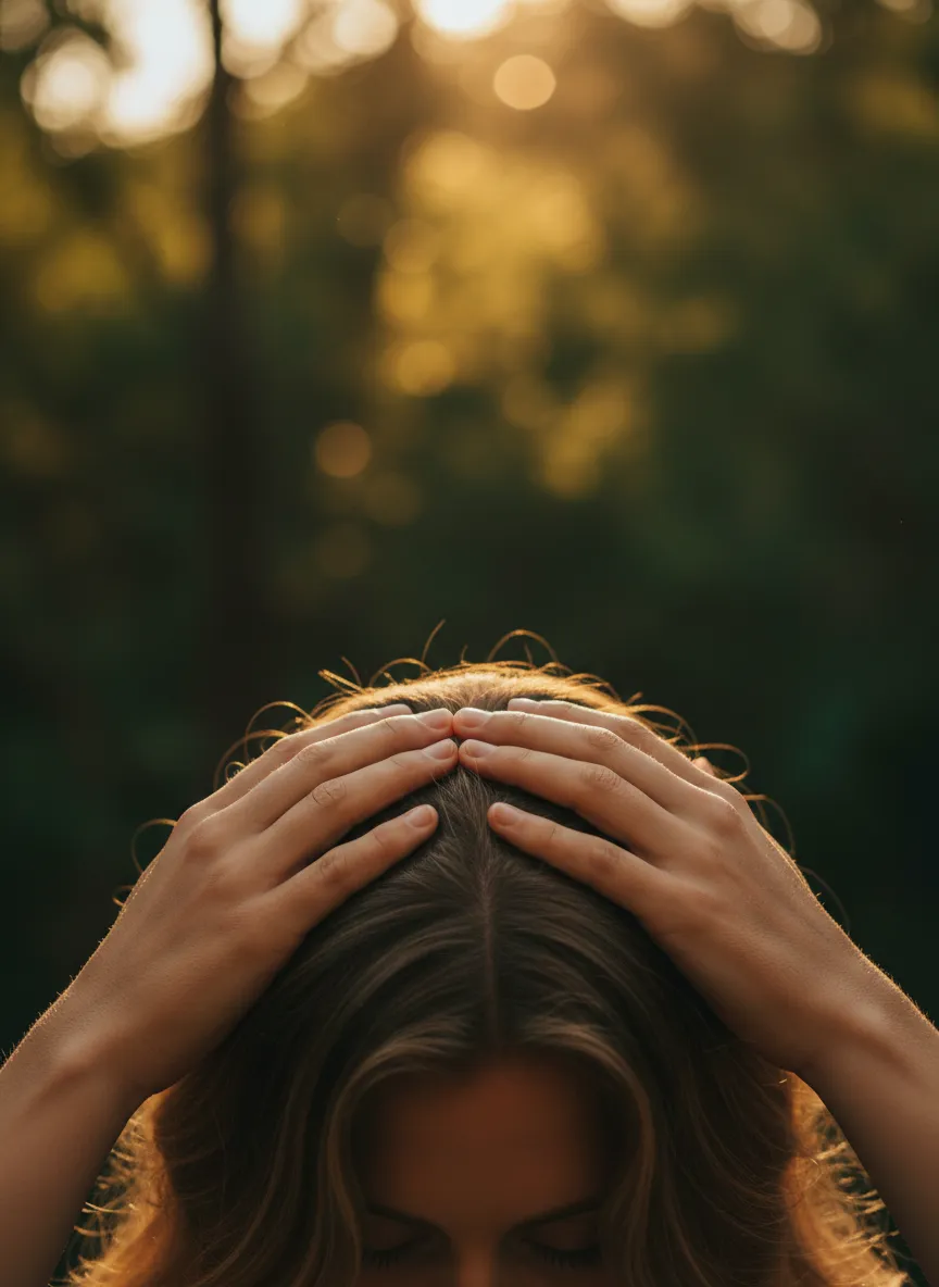 Detail jemného doteku během terapie Access Bars v klidném prostředí