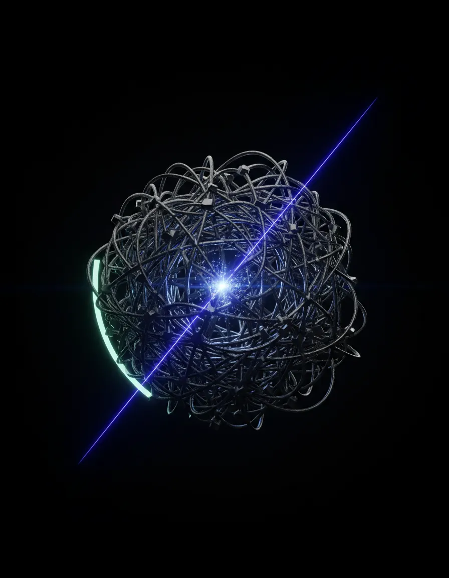 Tangled chaotic node network in muted grays with a single glowing indigo line