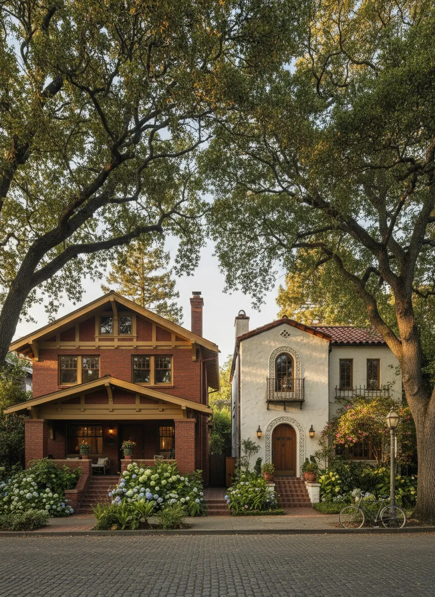 Leafy historic street in Fort Worth with beautiful architectural details