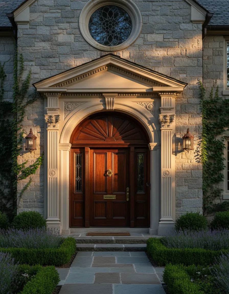 A historic Highland Park home exterior showing grand wood entries and pristine architectural details.
