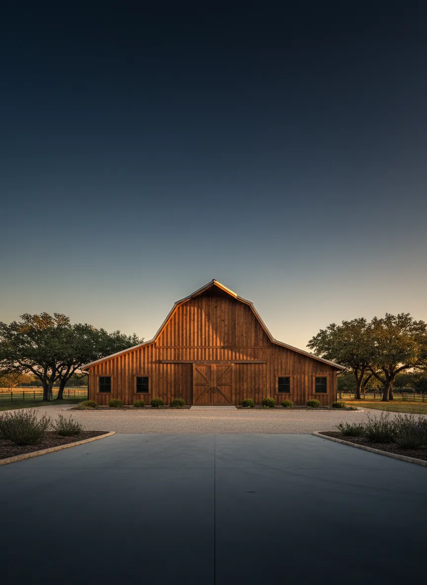 Stained wood barn on a Weatherford horse property