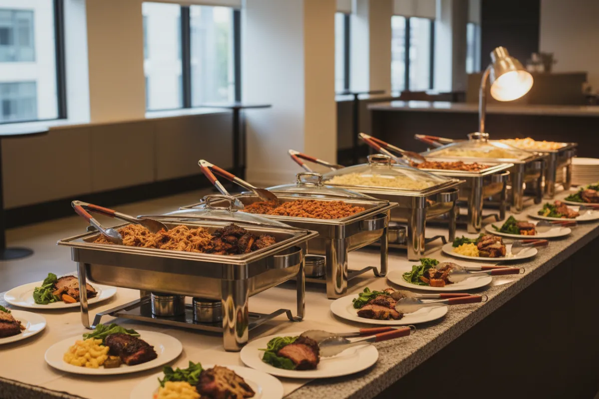 Catering setup for a corporate office lunch