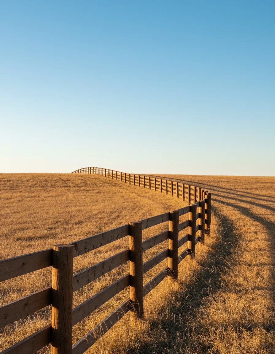 A stained ranch fence on a Weatherford property in the full Texas sun