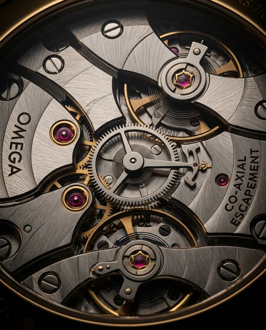 Macro horological capture of Omega Co-Axial escapement and hand-finished bridges