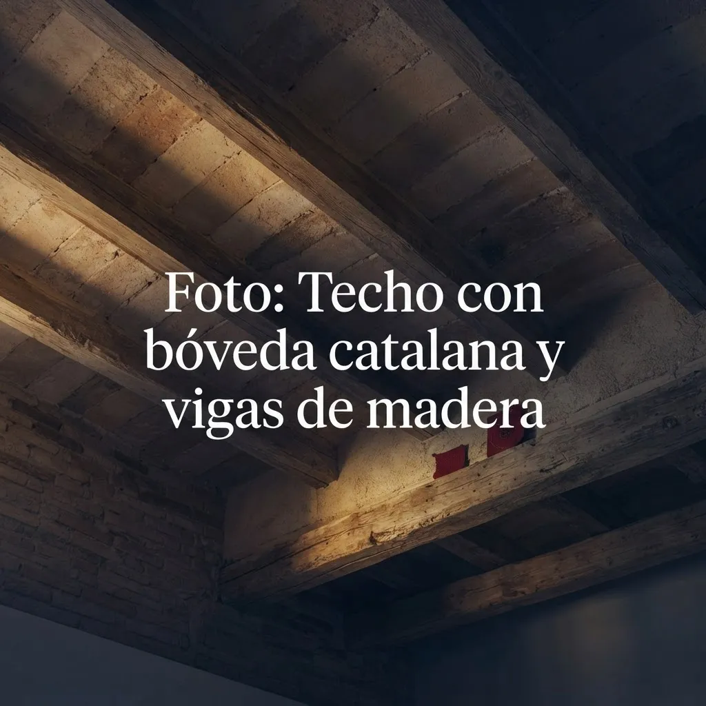 Techo con bóveda catalana tradicional, vigas artesanales de madera y chimenea