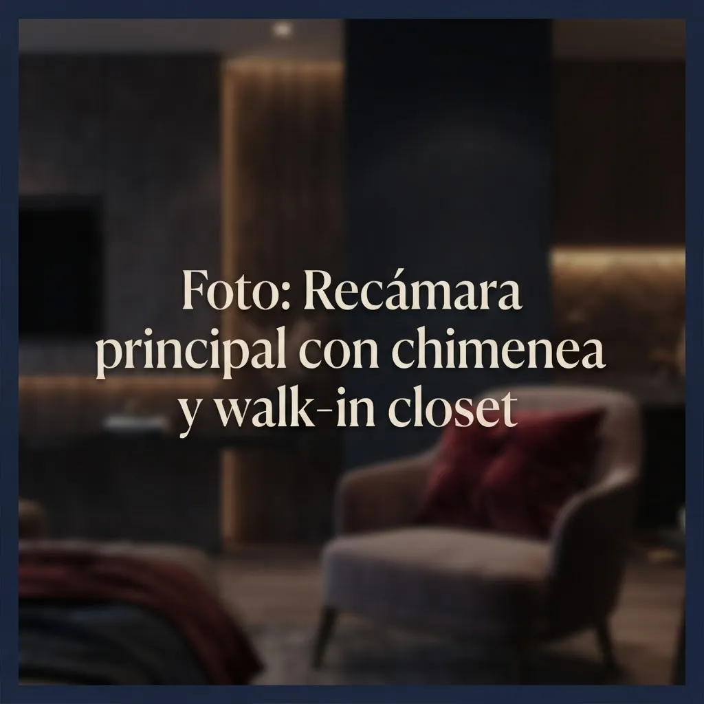 Recámara principal con chimenea integrada y acceso a walk-in closet