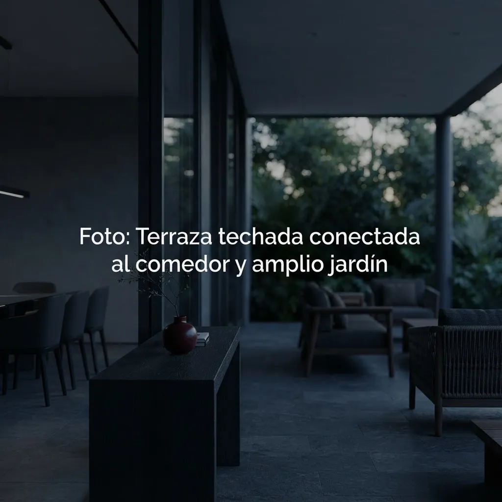 Terraza techada conectada al comedor y amplio jardín arbolado