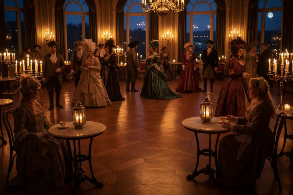 A twilight ballroom scene with costumed guests in ornate fantasy attire, warm candlelight reflections, and vintage café tables.