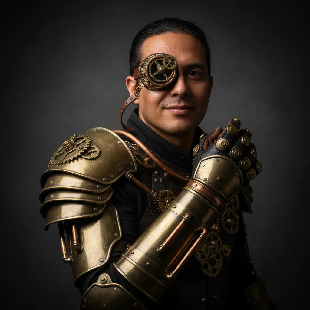 Portrait of a guest wearing a brass-accented steampunk accessory