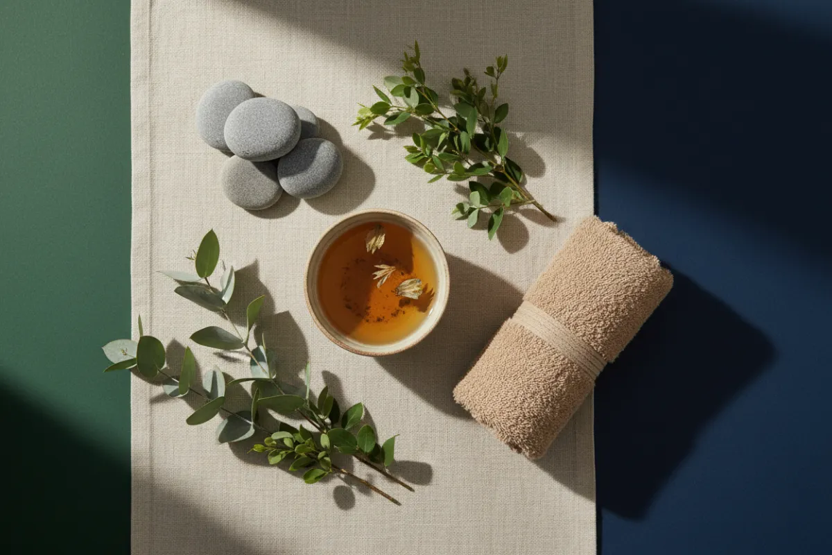 A serene arrangement of wellness items such as a yoga mat, essential oils, and succulents on a deep navy background.
