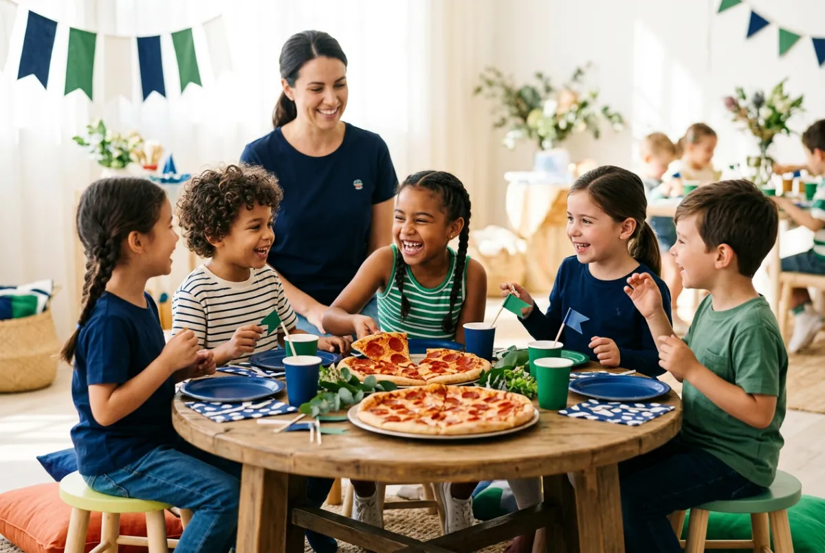 Kids enjoying delicious pizza and fun social activities during parents night out