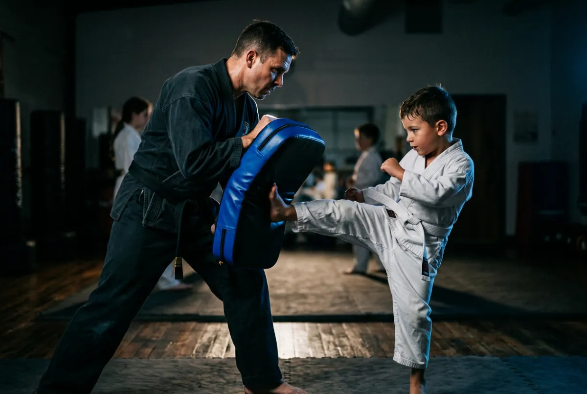 Martial arts instructor guiding kids through dynamic karate kicks and focus mitt drills