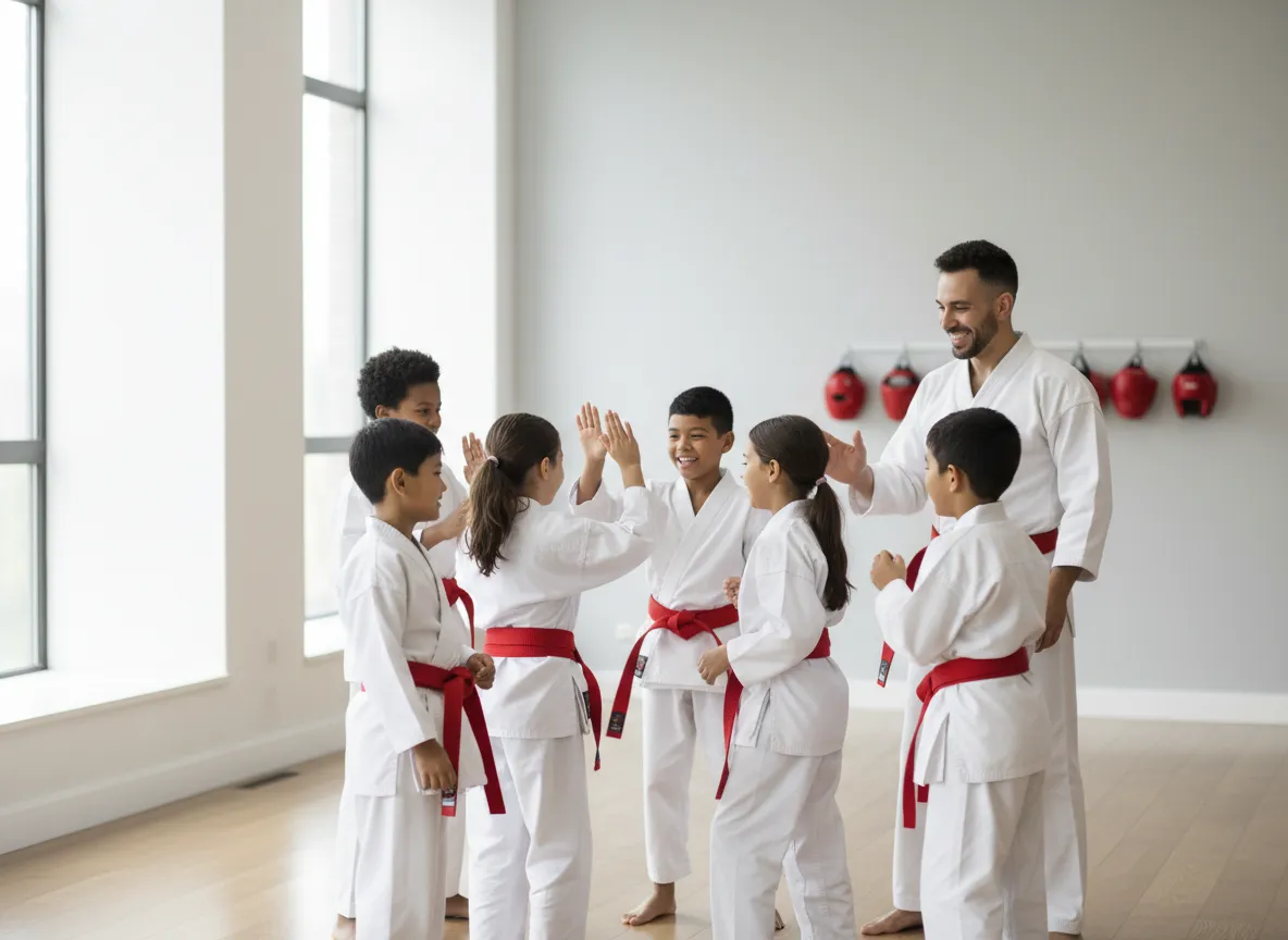 Happy family and kids training together in a bright martial arts studio