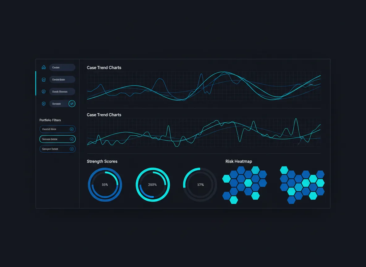 LexSight AI portfolio dashboard mockup showing case trend and strength analysis