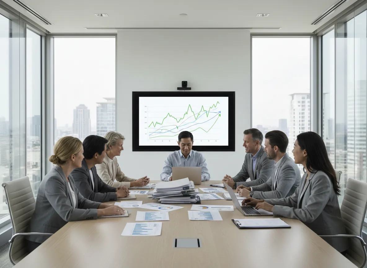 Team reviewing financial charts in a bright modern office