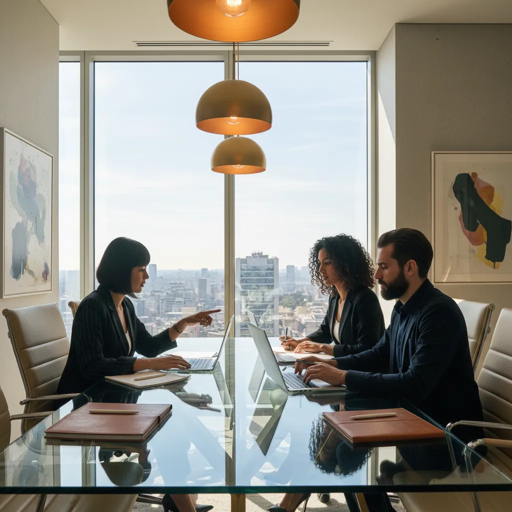 A diverse team of three professionals, two women and one man, collaborating at a glass conference table with laptops and notepads. The office features floor-to-ceiling windows and gold accents, exuding a premium, modern atmosphere.