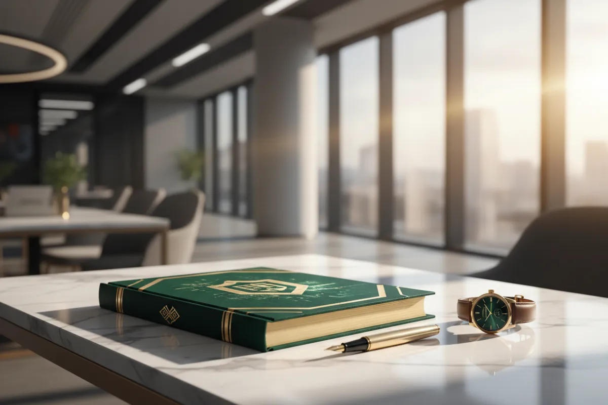 A hardcover eBook with a deep green and gold cover, titled 'CRM Mastery', resting on a marble desk beside a gold pen and a luxury watch. The background is softly blurred, evoking a sense of exclusivity and professionalism.