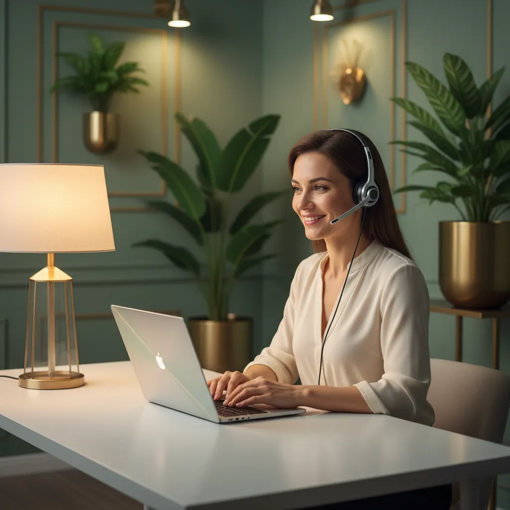 A friendly support specialist, a woman in her 30s with a headset, smiling at a sleek desk with a gold-accented lamp and a laptop. The background is a softly lit, modern workspace with green and gold tones.