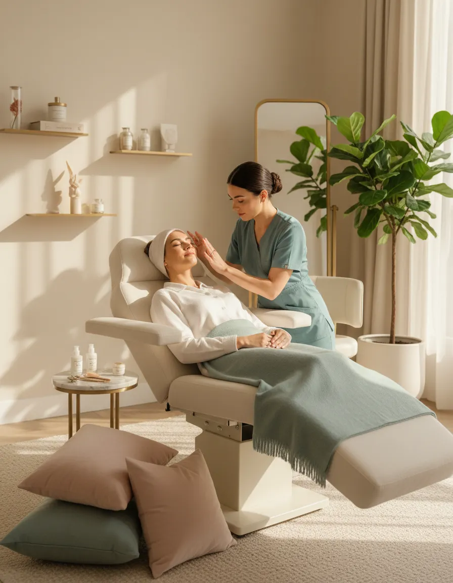 Luxury beauty studio interior with client receiving treatment