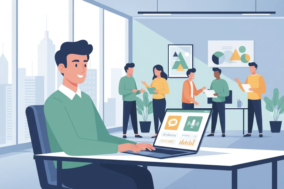 A confident young professional sits at a desk with a laptop open, reviewing an affiliate dashboard displaying AI chatbot and voice assistant icons. The setting is a modern, bright office with large windows, energetic atmosphere, and diverse background elements. The image is a digital illustration, 3:2 aspect ratio, conveying opportunity and technology.