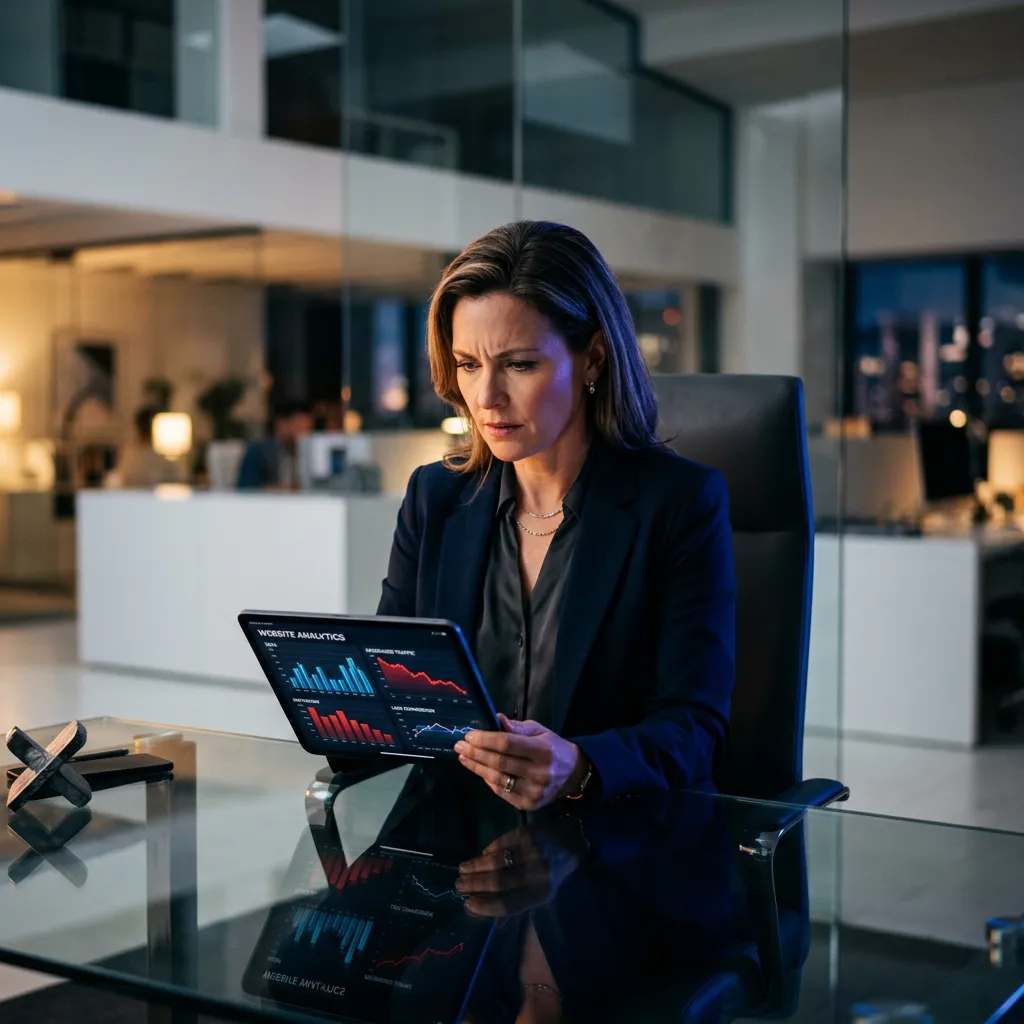 Frustrated executive reviewing underperforming website analytics in sleek modern office