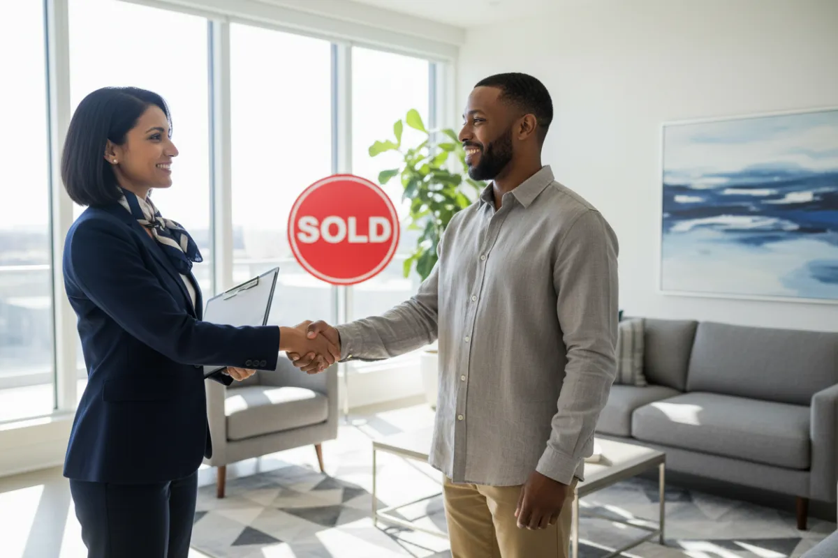 A confident real estate agent and a smiling homeowner shake hands in a sunlit, modern living room. The agent holds a clipboard, and a 'SOLD' sign is visible in the background. Both are mid-30s, diverse ethnicities, and the scene conveys trust and satisfaction in a contemporary setting.
