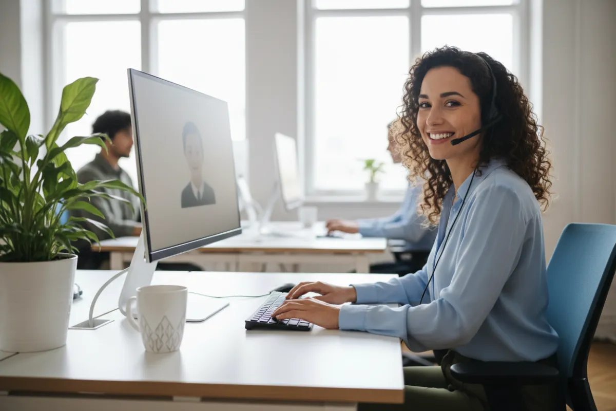 Friendly customer support representative at a desk with headset, smiling in a bright modern office