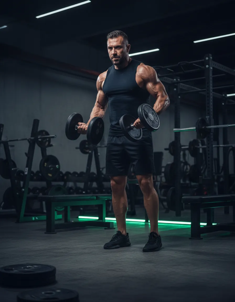 Muscular male coach training in a dark gym environment