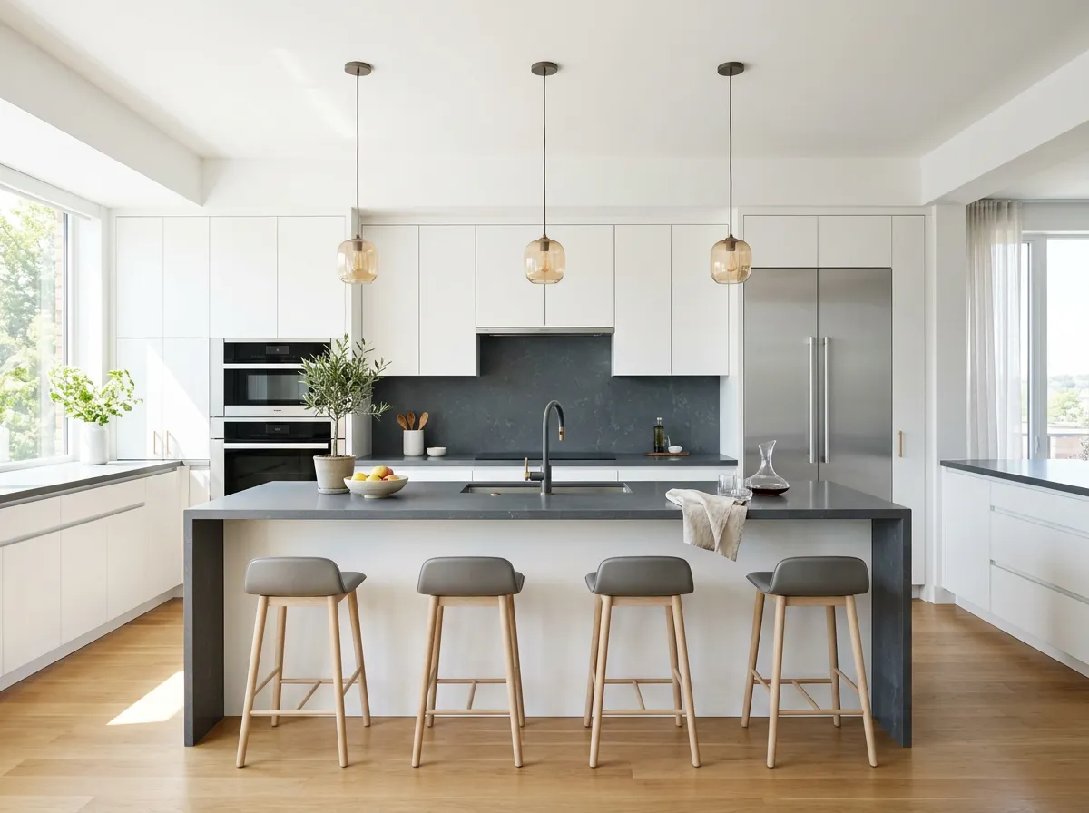 Modern newly developed home kitchen with smart integrated appliances and digital controls