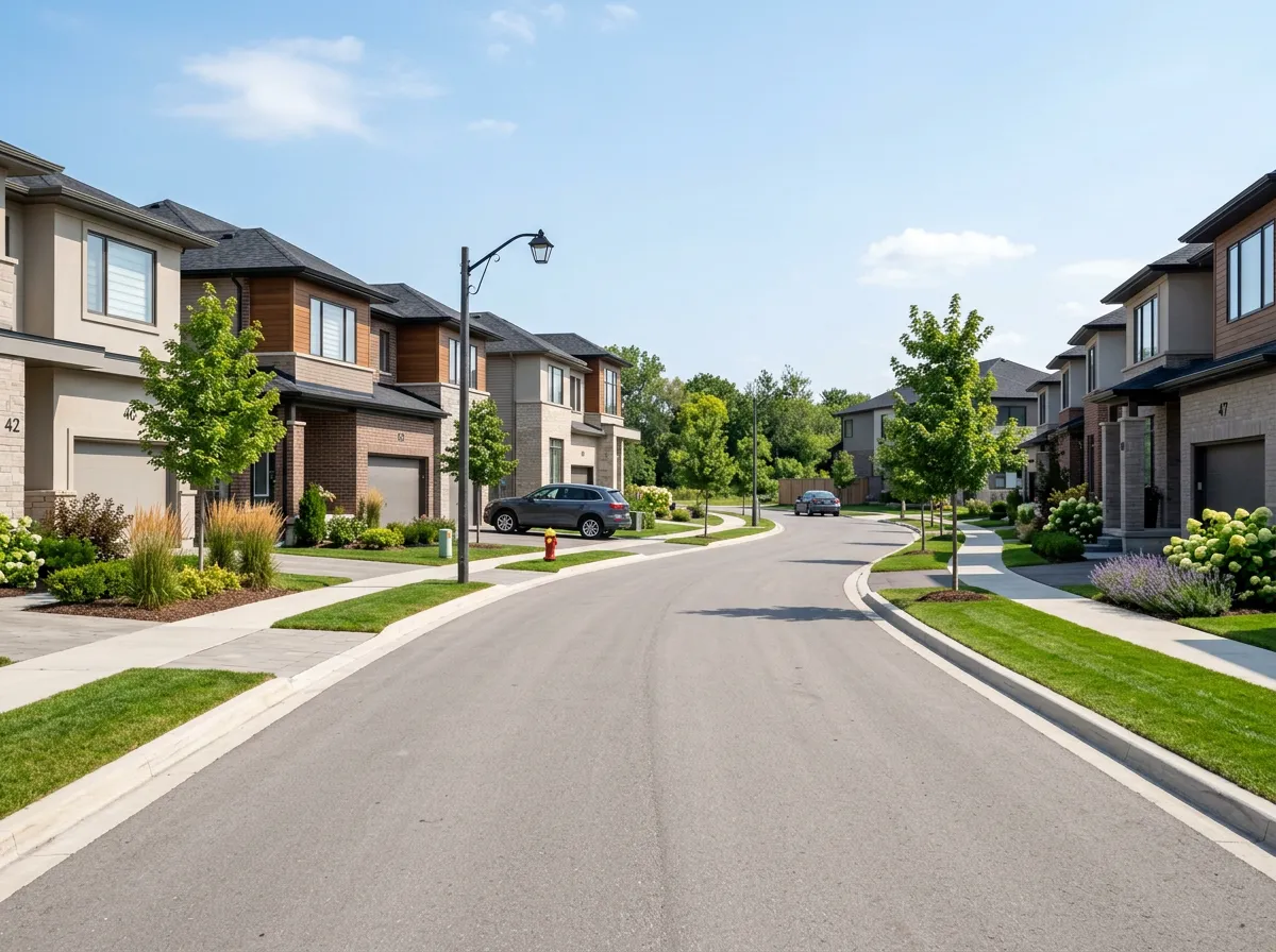 View of a quiet, tree-lined suburban street with parked cars and a house on the right.