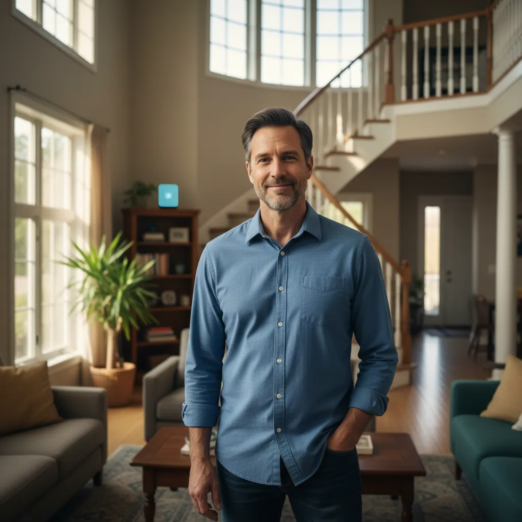 Casual portrait of a man in his 40s, satisfied homeowner