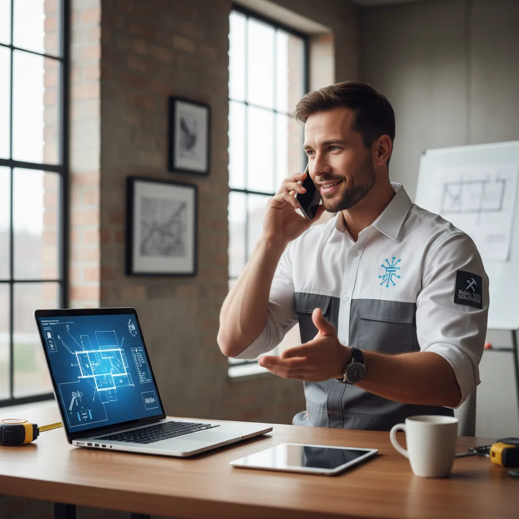 A trades professional in branded attire speaking on the phone while reviewing digital plans on a laptop, set in a bright workspace. The image conveys approachability, expertise, and readiness to assist.