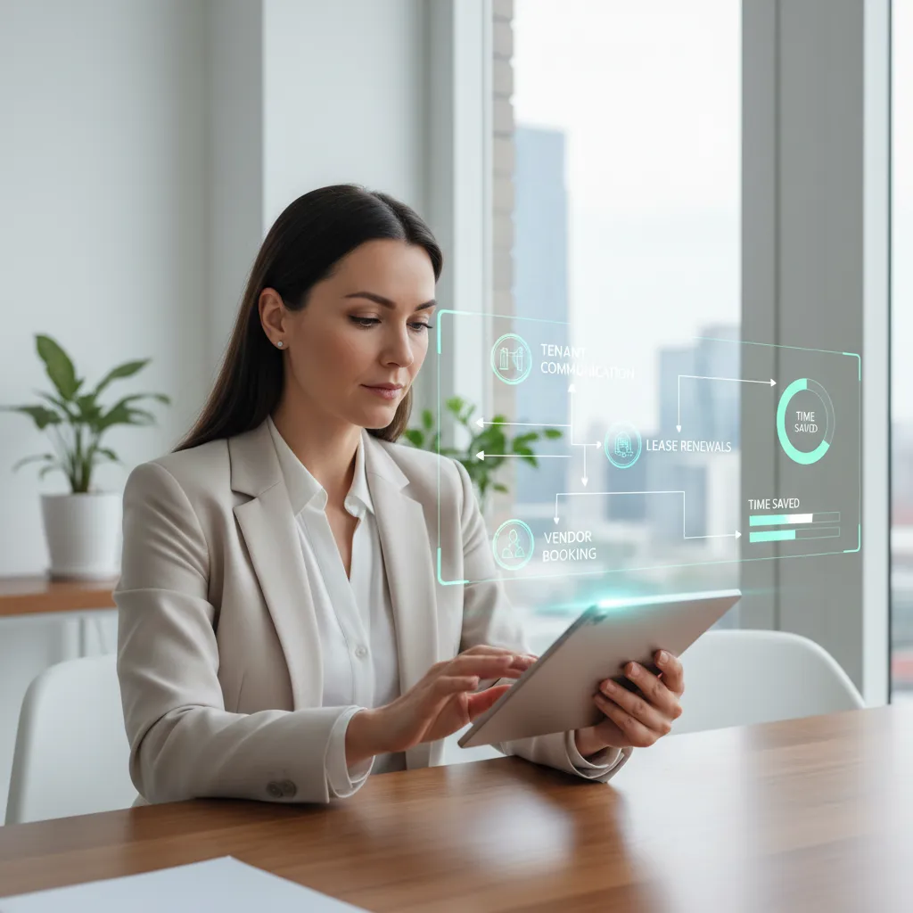 A property manager using a tablet to automate scheduling, with digital overlays showing streamlined workflows. The setting is a bright, modern workspace, and the subject is focused and professional.