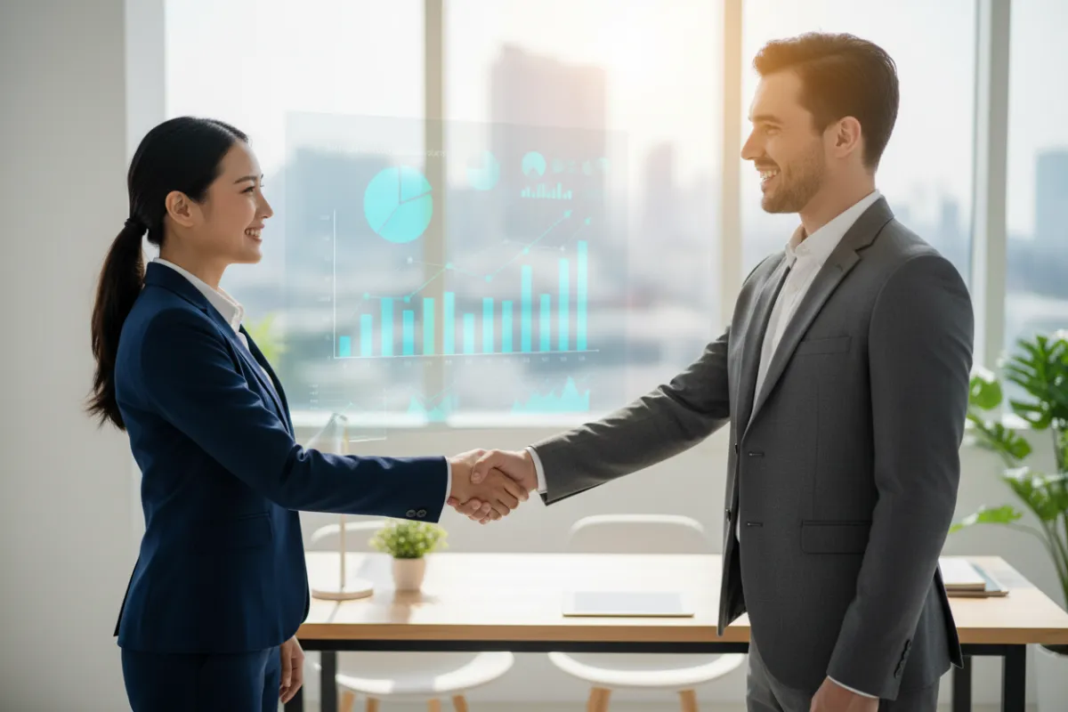 A service company owner shaking hands with a consultant in a sunlit office, with charts and graphs on a screen in the background. The atmosphere is optimistic and professional, highlighting partnership and progress.