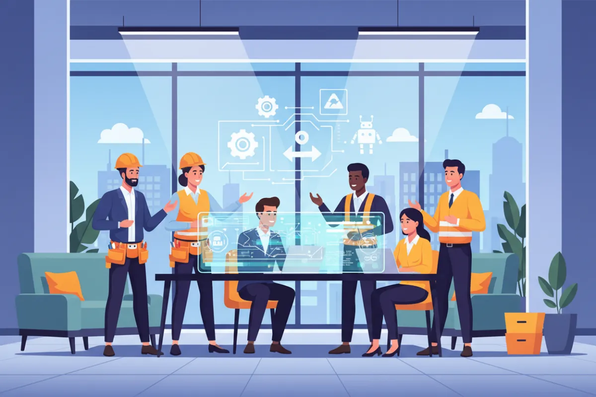 A diverse team of trades and property professionals collaborating around a digital dashboard, with automation icons overlayed, in a modern office. The scene is vibrant, energetic, and forward-looking, emphasizing teamwork and technology.