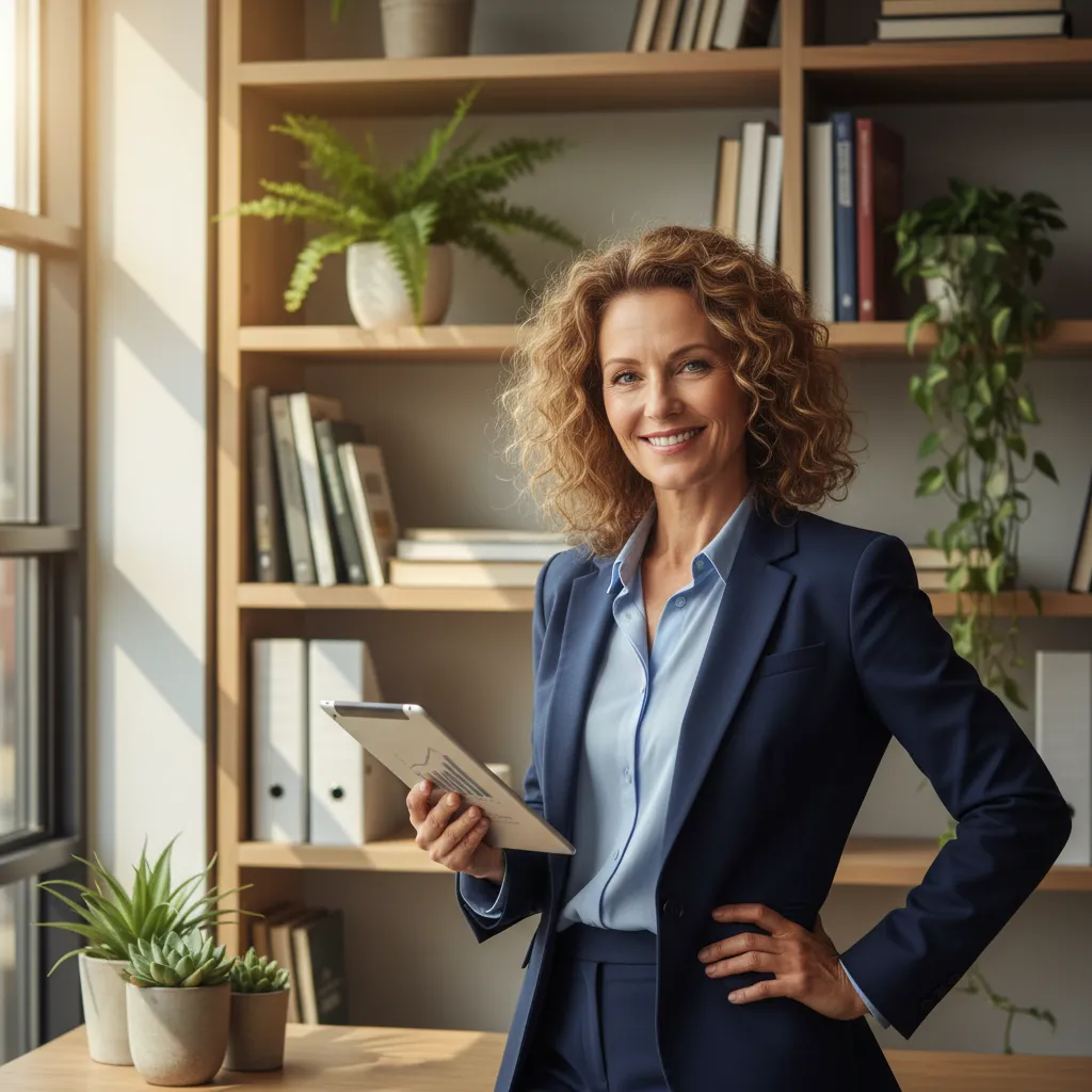 A middle-aged woman with curly hair, wearing a navy blazer, stands confidently in a sunlit workspace. She holds a digital tablet and smiles warmly, representing experience and approachability. The background features bookshelves and plants, suggesting a welcoming, professional environment.
